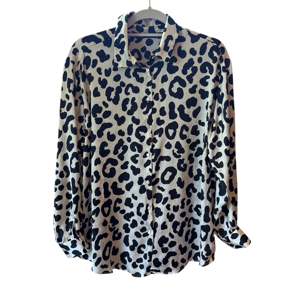 Zara Leopard Print Blouse Black White Satin Effect Animal Shirt Button Top Sz L